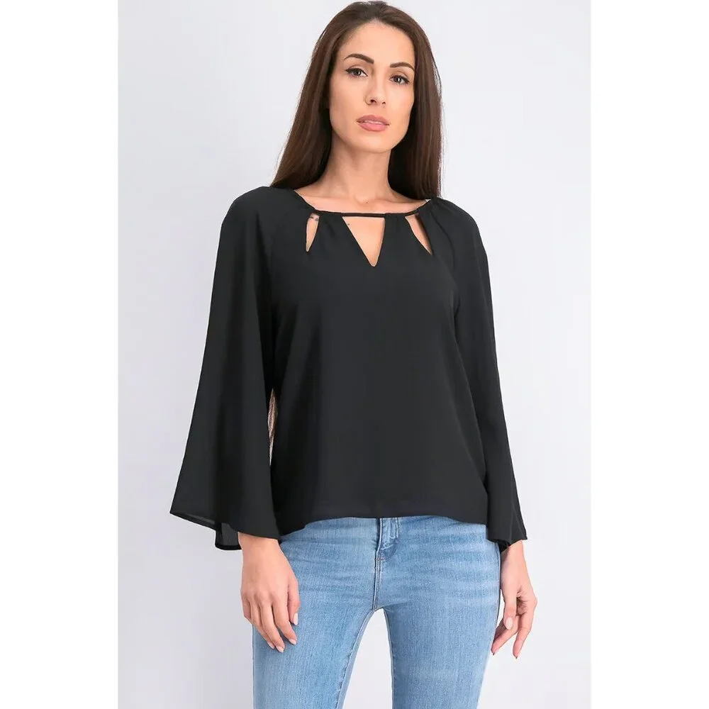 Goldray Top Black Saima Keyhole Detail Blouse Flare Sleeve NWT